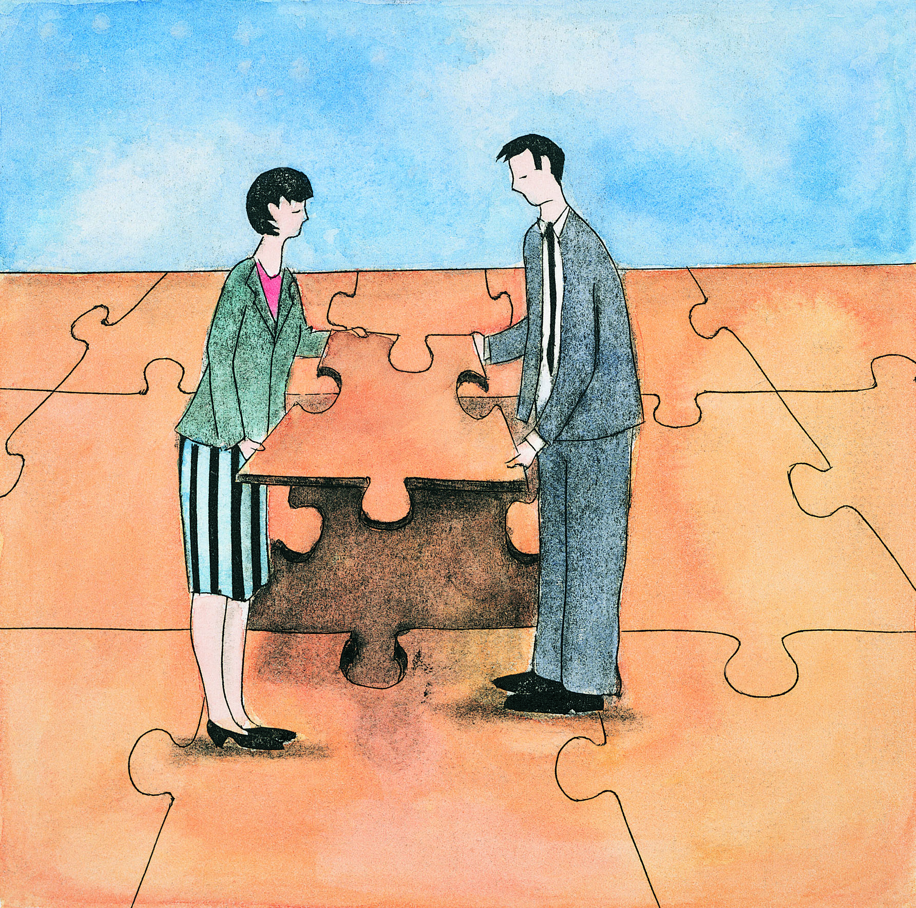 An illustration of a man and a woman, both in suit, holding a piece of puzzle together to complete the puzzle